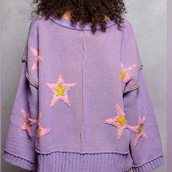 POL Lavender V-Neck Oversized Sweater with Pink Star Accents - Picture 2 of 5